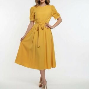 YELLOW EYELET DRESS PUFF SLEEVES